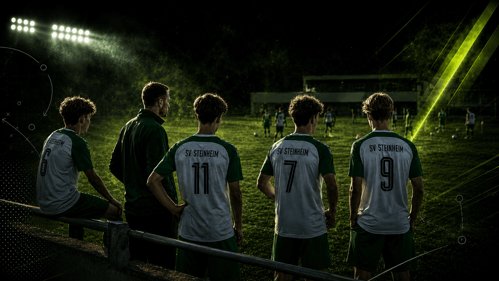 SV Steinheim U15 Spieler und Trainer auf der Sportanlage im Flutlicht