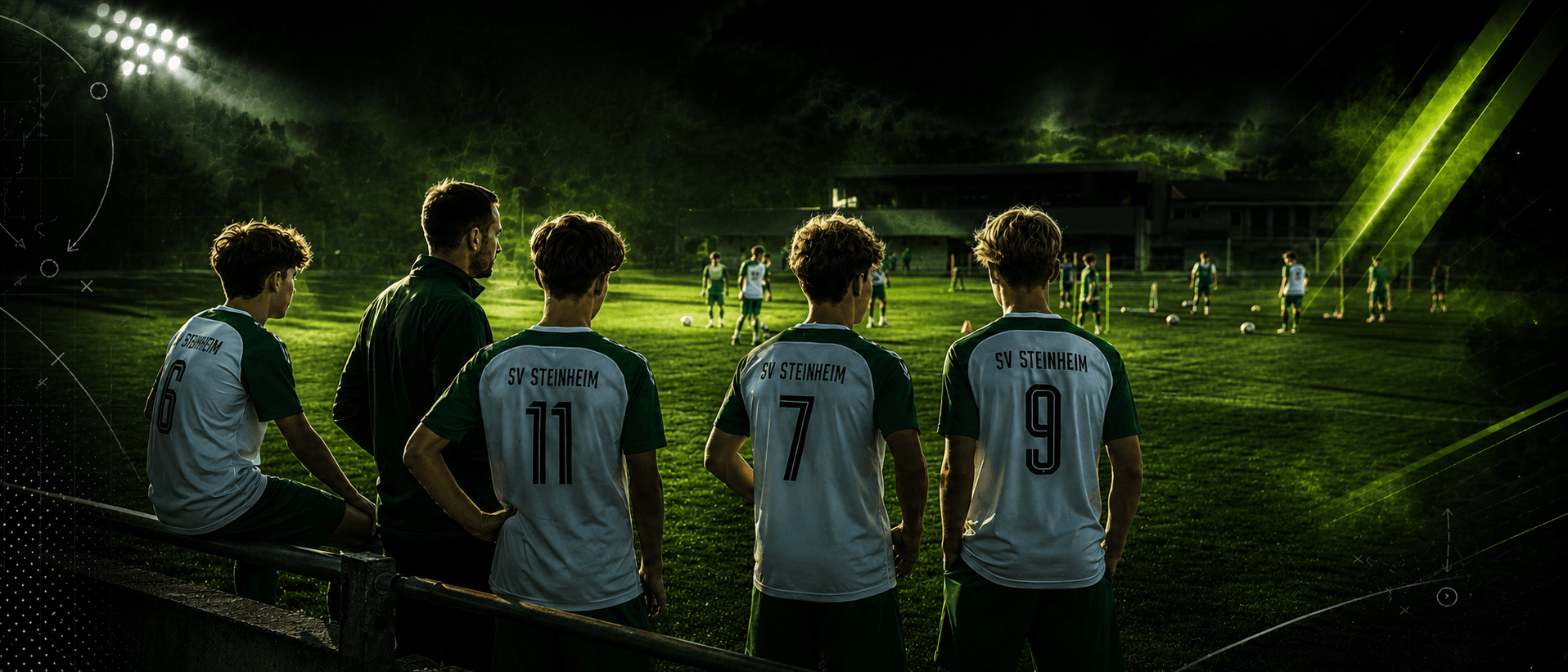 SV Steinheim U15 Spieler und Trainer auf der Sportanlage im Flutlicht